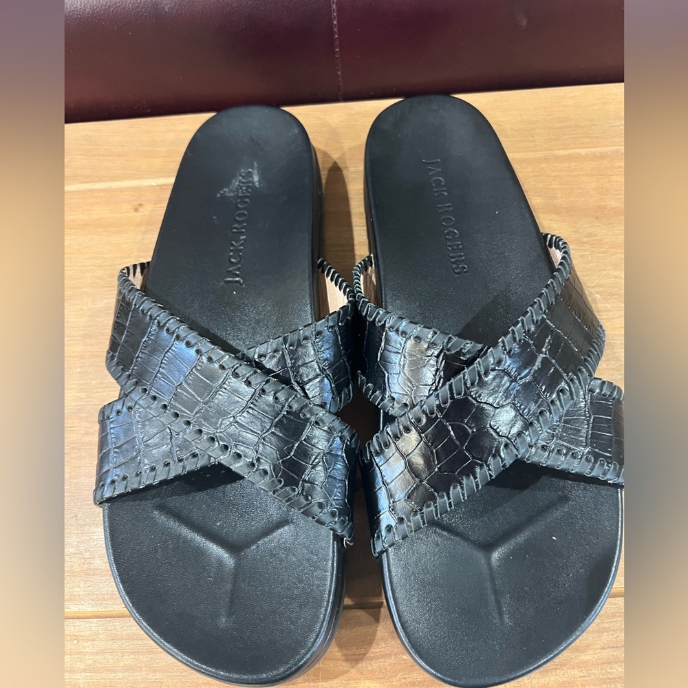 Jack Rogers black Lexi Criss-Cross sandal slide,with Croc- embossed accent.